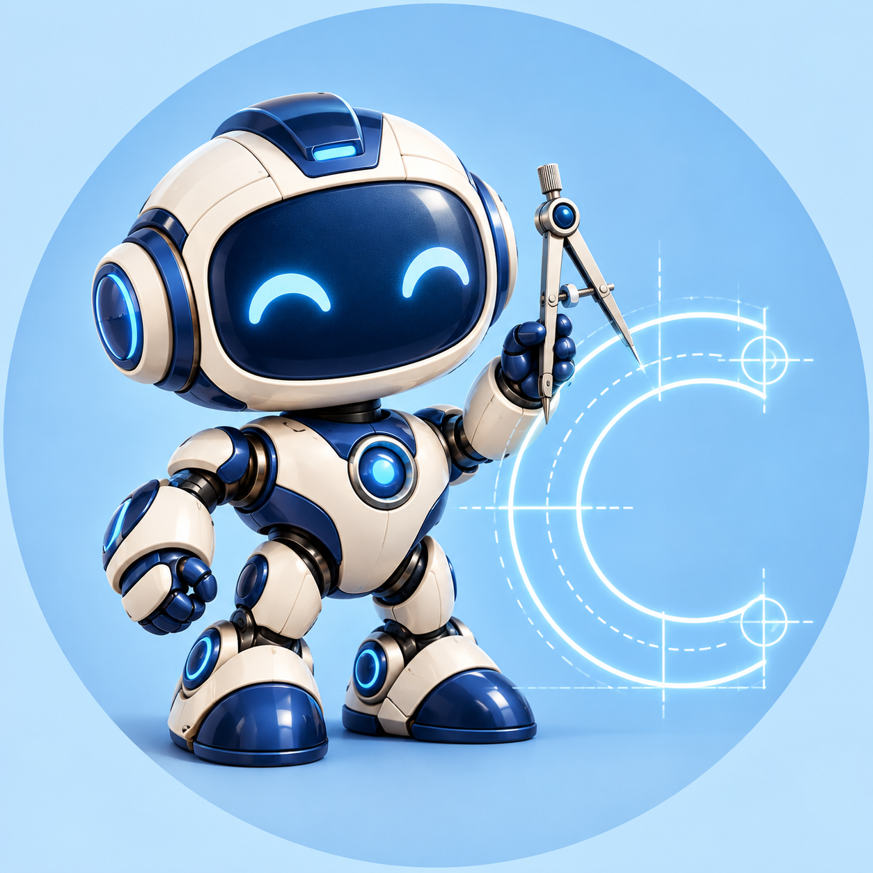 図面とコンパスを持つCADLabo.comのロボットマスコット